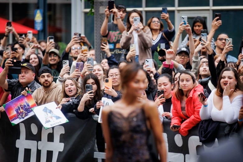 People behind a barricade hold up their phones to take pictures of an actress wearing a fabulous dress on the red carpet.