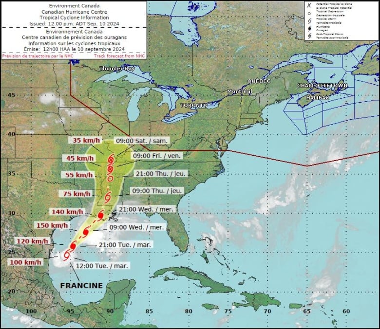 The hurricane track from the Canadian Hurricane Centre, as of 12pm Atlantic time on Sept. 10, showing the forecast for tropical storm Francine, which is coming after a relatively quiet summer.