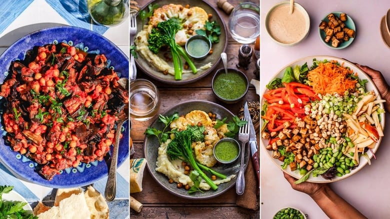 3 side-by-side food images: a blue platter with moussaka; a table with 2 plates of roasted cauliflower, creamy goat cheese mash, roasted chickpeas and broccolini; hands holding a large platter of chopped salad filled with tofu.