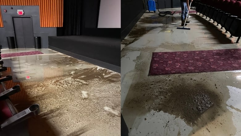 Side-by-side images of a cinema floor covered in water and waste.