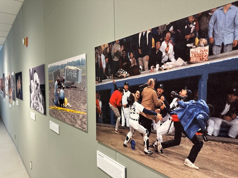 A photo at an exhibition showing a brawl at a baseball game.