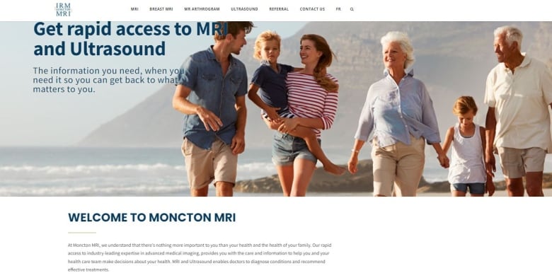 The front page of the website for Moncton MRI, showing six people of various ages walking on a beach with a large headline saying 