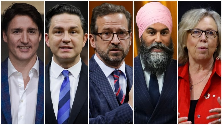 Headshots of Canada's five federal leaders.