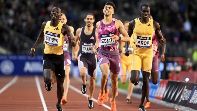 Three male runners approach the finish line in the men's 800 metres on Saturday in  during the Diamond League final 2024 athletics meet in Brussels, Saturday, Sept. 14, 2024.