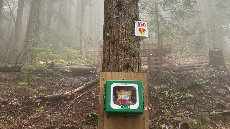 A defibrillator contained in a green box attached to a tree at a steep hiking trail.