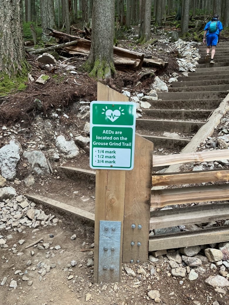 A sign post at a hiking trail marking locations of the AEDs. 