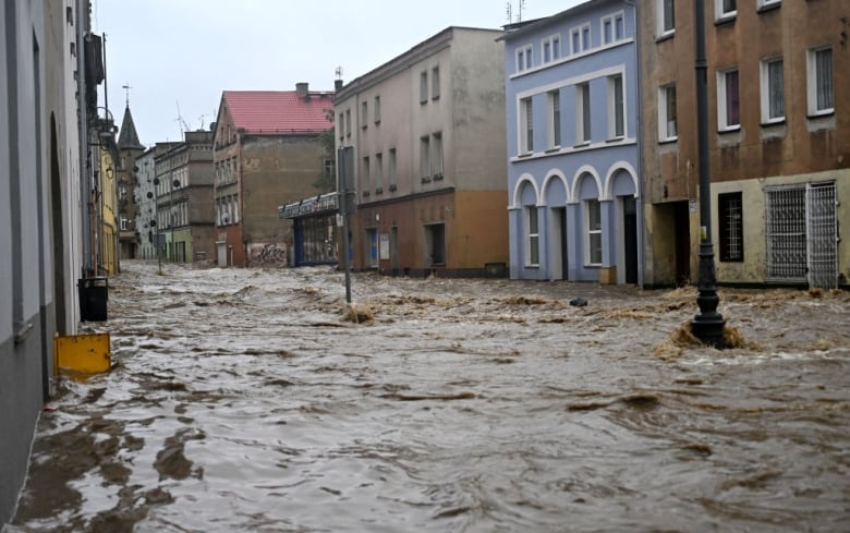 A flooded street.