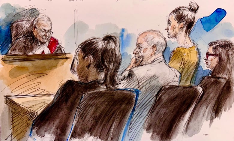 A court sketch of a group of people sitting in front of a judge.