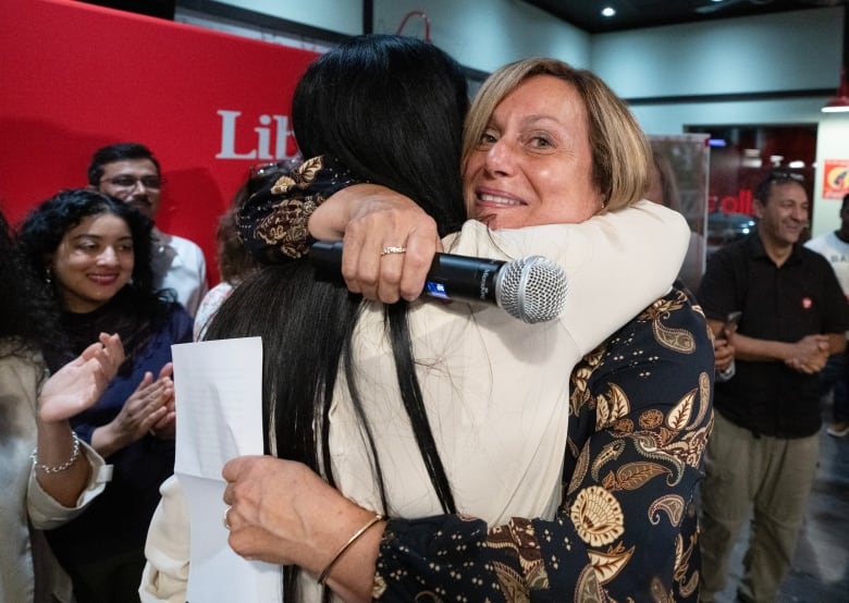 Liberal candidate for Lasalle-Emard-Verdun, Laura Palestini, hugs a supporter after arriving at the party's byelection night gathering on Monday, September 16, 2024  in Montreal.