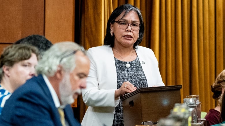 An MP rises in the House of Commons and speaks from a small podium.