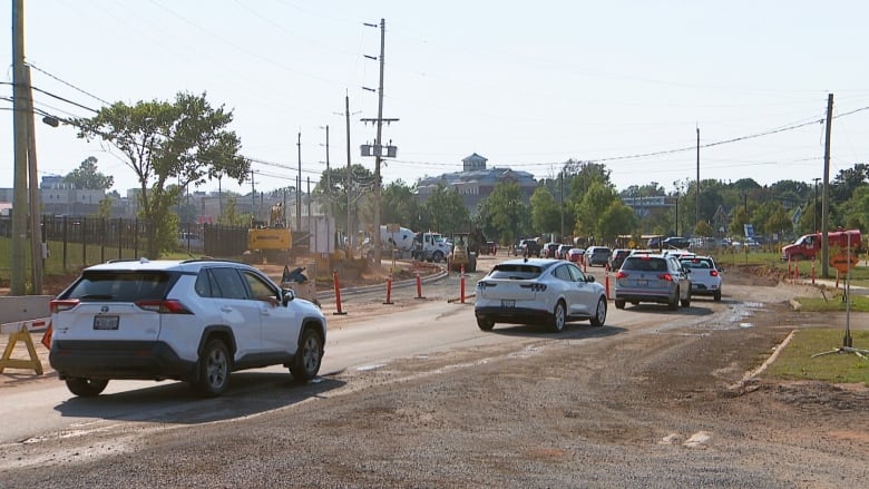 Cars backed up on gravel road.