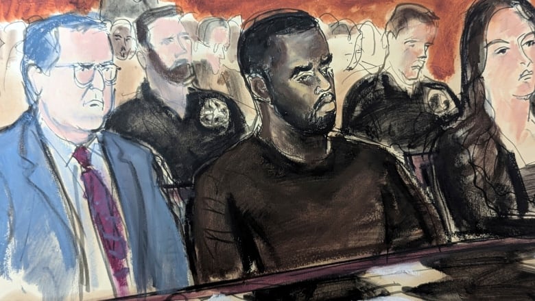 A courtroom sketch of Sean Combs in a dark shirt sitting between defense attorneys Marc Agnifilo and Teny Geragos in a New York courtroom.