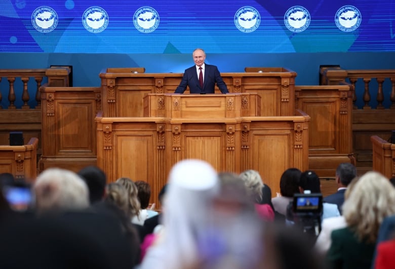 Russian President Vladimir Putin attends the Eurasian Women's Forum in Saint Petersburg, Russia September 18, 2024.  