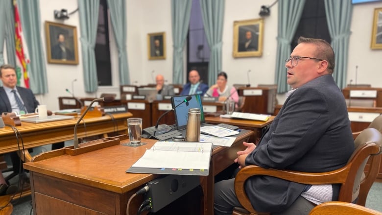 A man sits, speaking to a legislative standing comittee. 