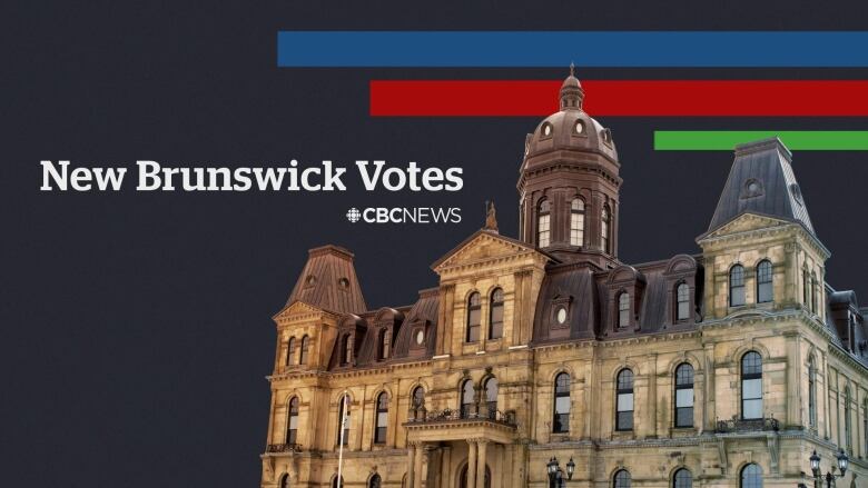 A photo of the provincial legislature building from the front against a black backdrop. There are blue, red and green lines at the top of the photo. The words: New Brunswick Votes and the CBC News logo are in white over this election graphic.