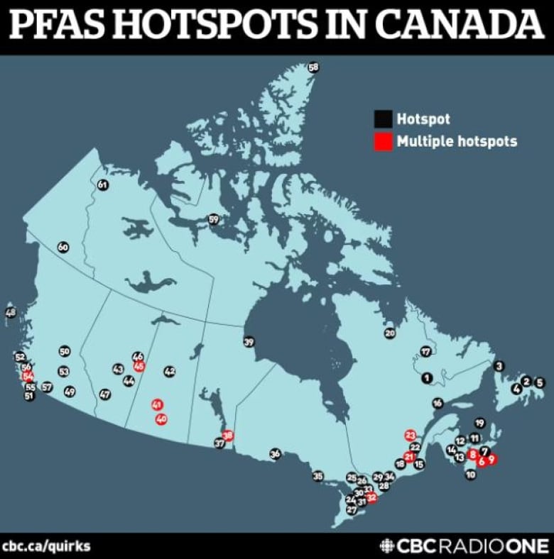 A map showing PFAS hotspots in Canada, which largely corresponds to population centres.