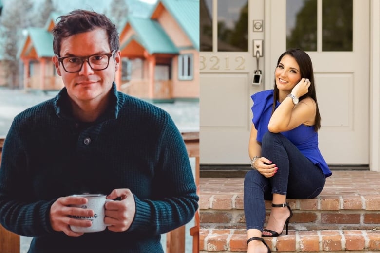 On the left is a photo of man with glasses wearing a blue sweater holding a mug, and on the right is a woman wearing a blue blouse and jeans sitting on a doorstep. 