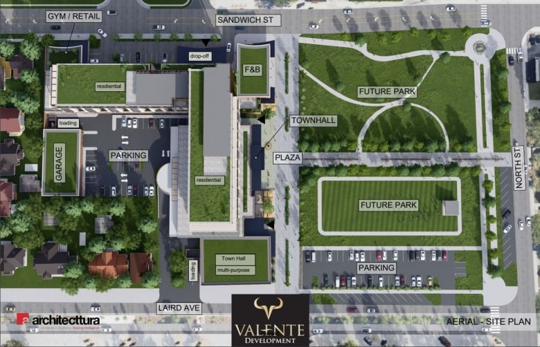 A birds eye view shows a map of the former high school and it broken up into different spaces, including a town hall, a part for food and beverage and residential spaces.