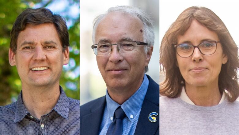 A composite image of three portraits featuring, from left, two white men and a white woman.