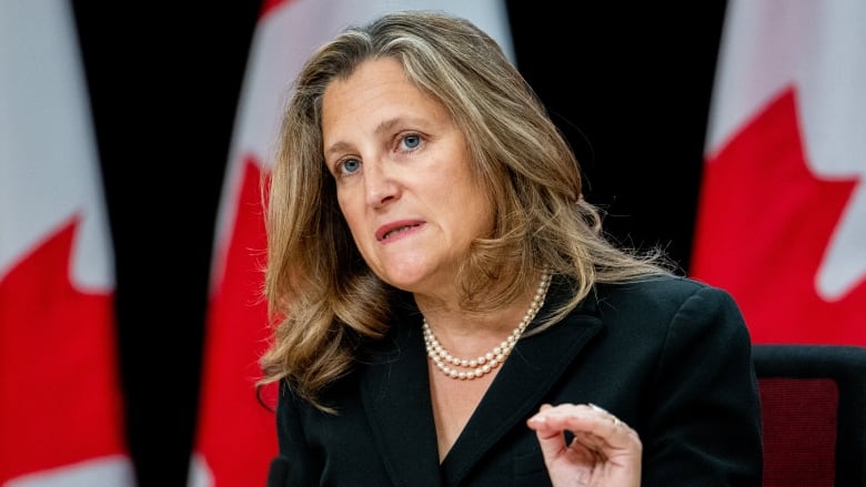 Chrystia Freeland sits at a table wearing a black suit jacket, behind her stand several Canadian flags. 