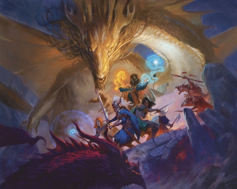 Artwork of a group of adventurers surrounded by monsters. 