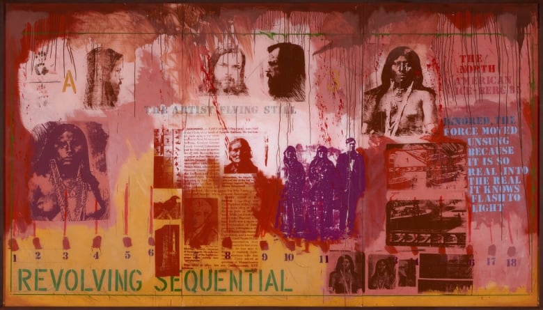 A mixed media artwork in red, amber, ochre and vermilion with green and blue type featuring images of Indigenous and historical figures as well as those depicting violence.