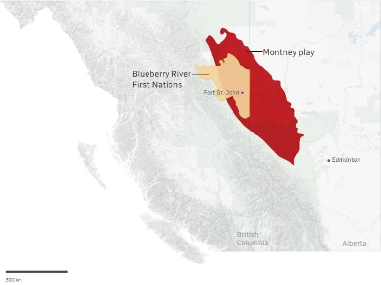 A map showing the Blueberry River First Nation in northeastern B.C.