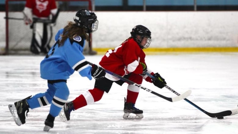 A young girl in red chases the hockey puck, while another girl in blue follows closely behind her. 