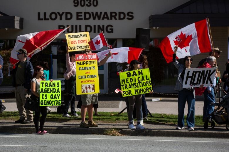 A small group of people stand on a sidewalk with Canada flags and signs that read: 