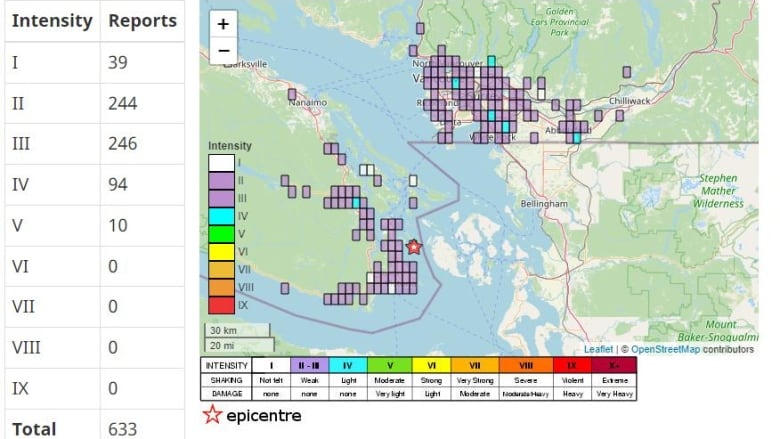 A map with purple squares, indicating a weak earthquake, along Victoria's south coast and across Metro Vancouver. 