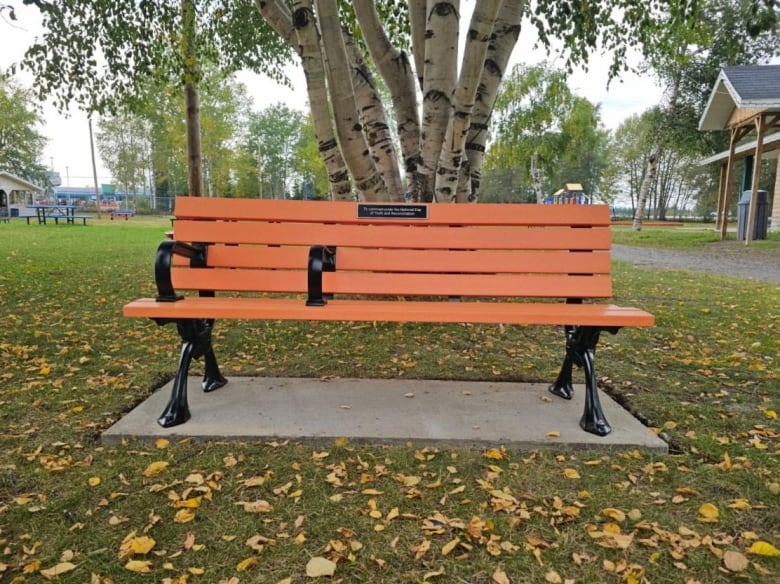 An orange bench in a park. Rather than looking like a conventional bench with handbars on either side, the right handbar is near the middle of the bench.