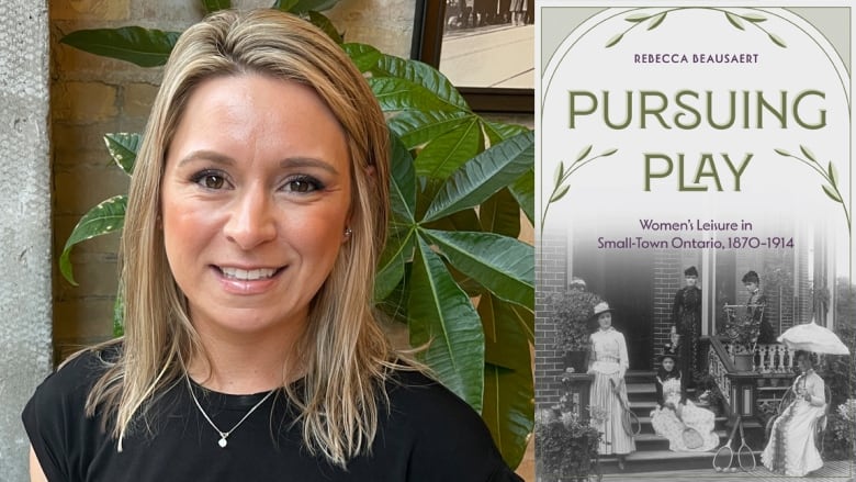 Head shot of woman beside a book cover with a black and white photo of women from the early 1900s