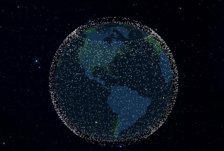 An illustration of Earth in space that is surrounded by thousands of white dots.