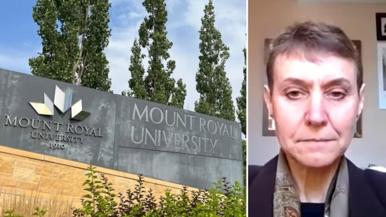 A collage is pictured. At left, a photo of a sign that reads Mount Royal University. At right, a woman's headshot is pictured.