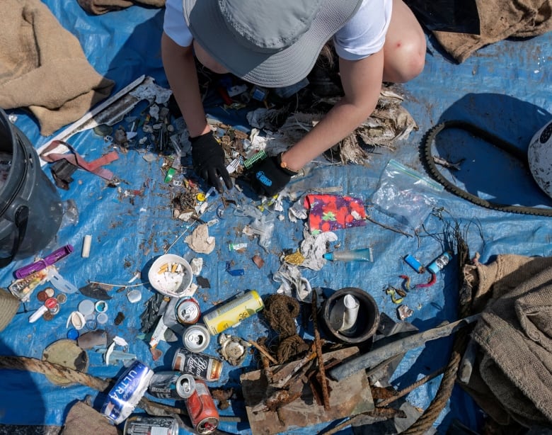 An overhead shot looking down at several people sitting on a blue tarp, surrounded by garbage.