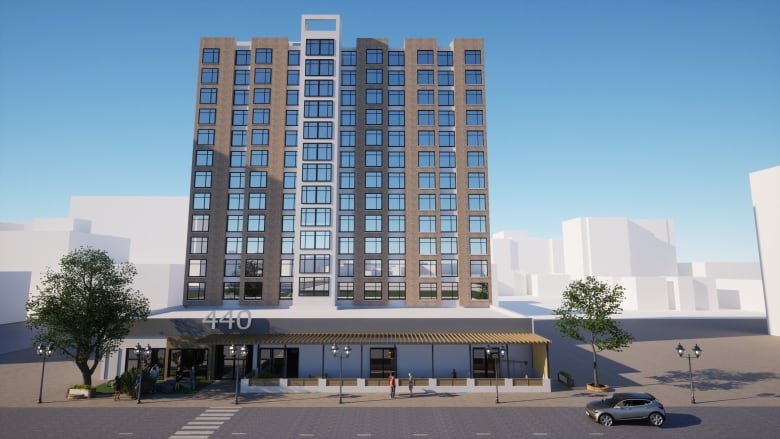 An architectural rendering shows a 13-storey apartment building.