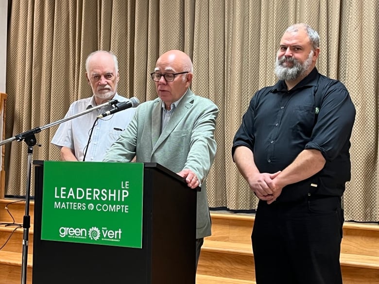 Three men standing behind a green podium