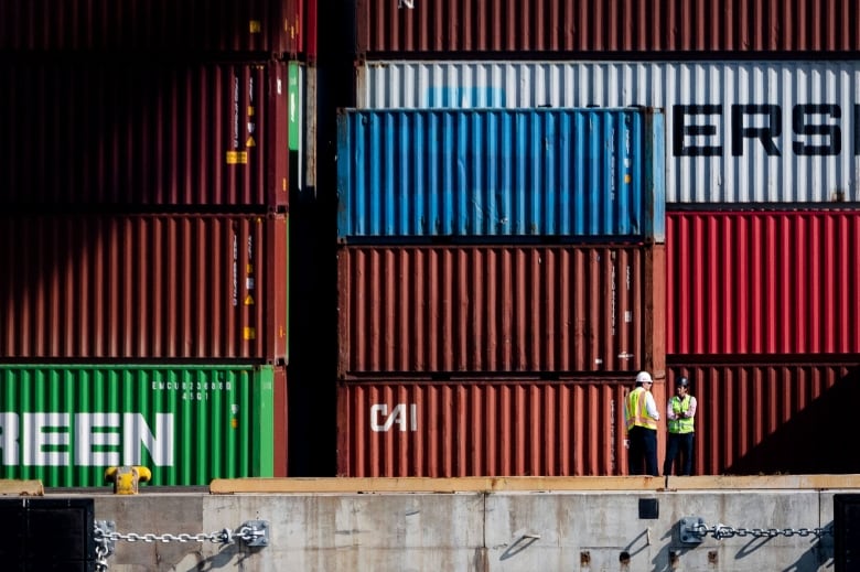 Two dock workers wearing high-visibility vests are seen at a port as stacks of shipping containers are seen behind.