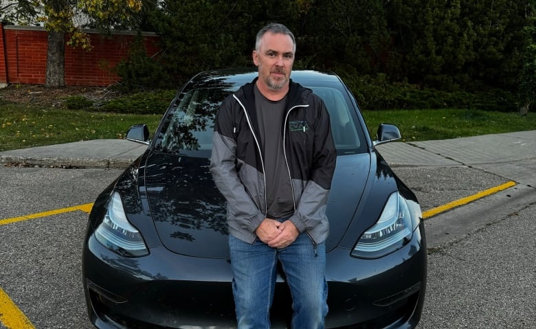 A man stands in front of his electric car at dusk.