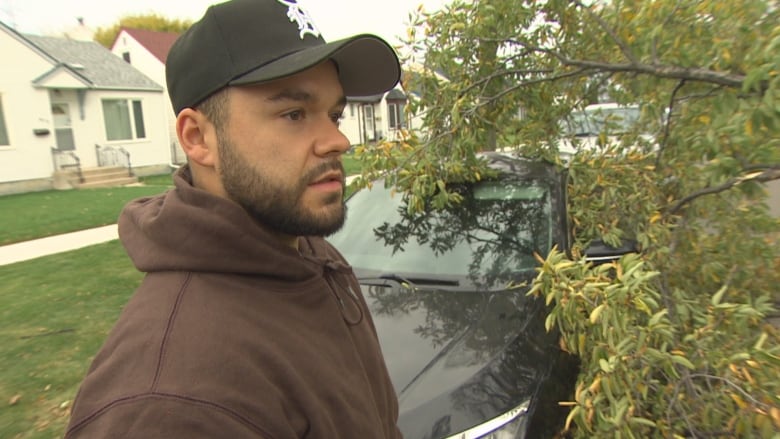 A man in a baseball cap looks at a car with a downed tree partially covering it.