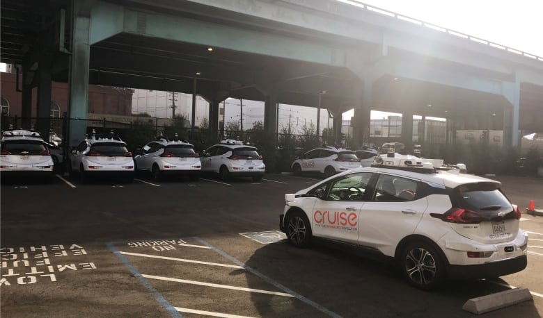 A shot of a parking lot and an underpass in the distance, with one white car in the foreground and a lineup of identical ones beyond. 