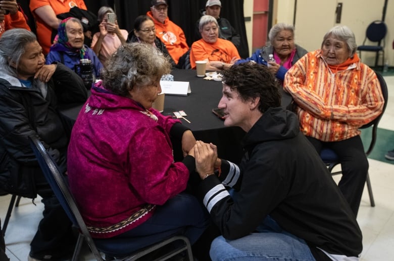 Prime Minister Justin Trudeau meets with Elders on Truth and Reconciliation Day, in Inuvik, N.W.T., Monday, Sept. 30, 2024.