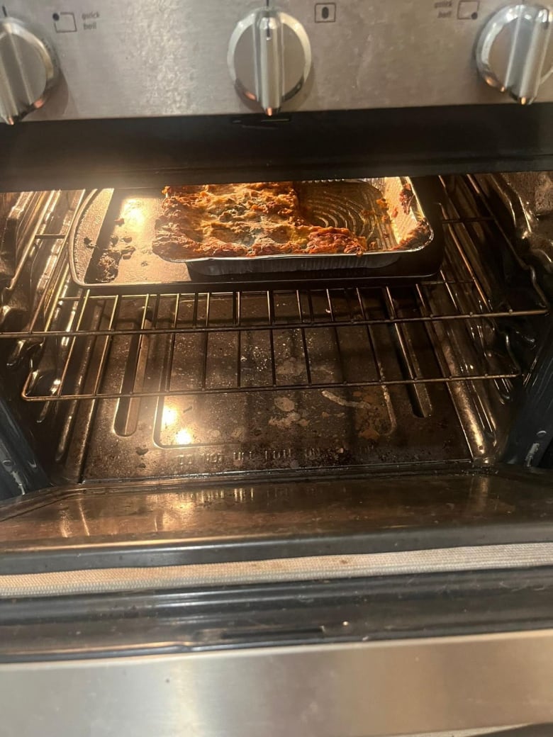 An oven with old lasagna in it.