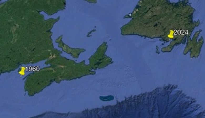 Map of Atlantic Canada with pin points on Bay of Fundy dating 1960 and Newfoundland's south coast dating 2024.