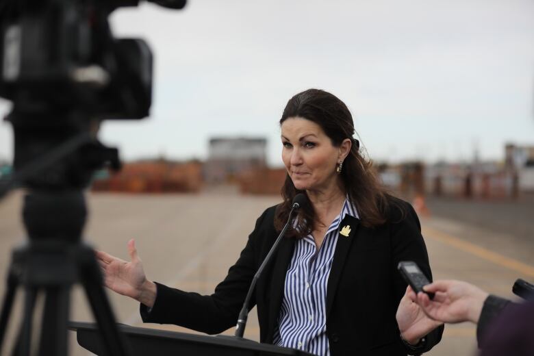 A woman stands at a podium spreading her arms out wide. The woman is wearing blue and white striped shirt. 