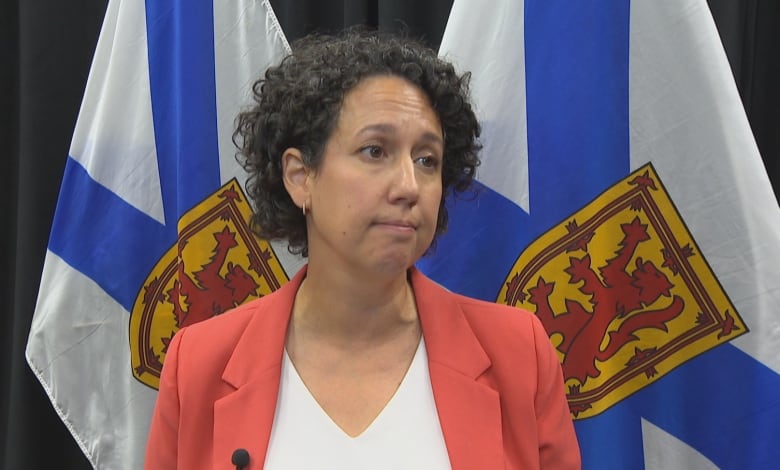 Woman in pink blazer with white top stands in front of two Nova Scotia flags.