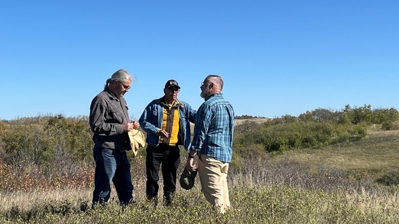 Three men stand facing each other in long grass. A small valley is in the background