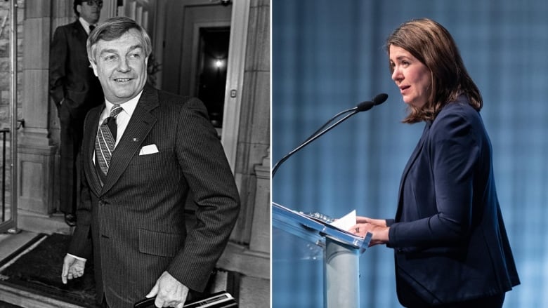 A collage is pictured. At left, a man is wearing a suit. At right, a woman is speaking at a podium. 