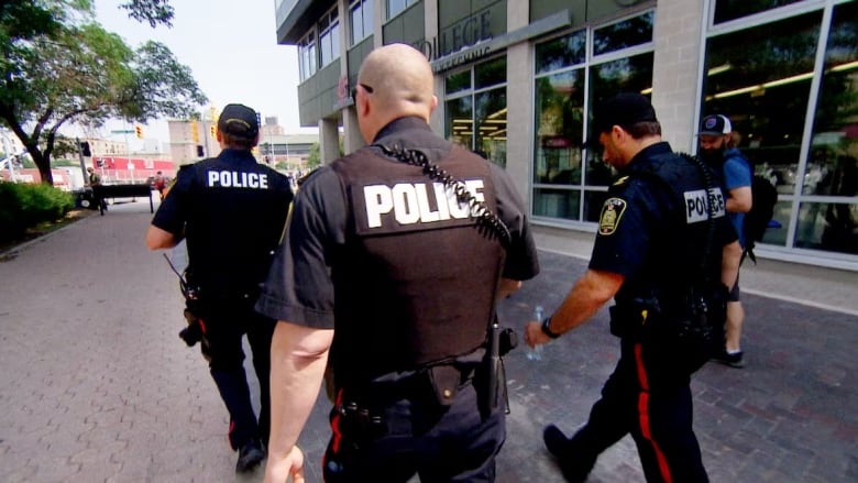 Three police officers walk together, seen from the back.