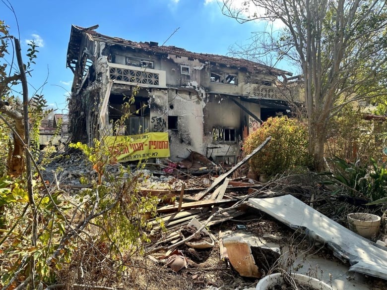 A burned-out house.